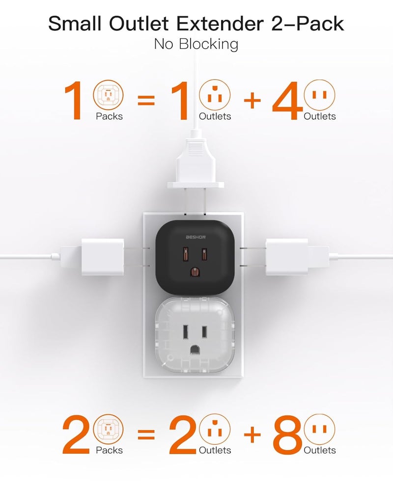 BESHON Black Multi Plug Outlet Extender 2 Pack, Wall Outlet Splitter with 5 Wall Outlets, Small Multiple Plug Extender, Cruise Essentials, Plug Adapter No Surge Protector for Cruise Ship Home Office Dorm - Image 2